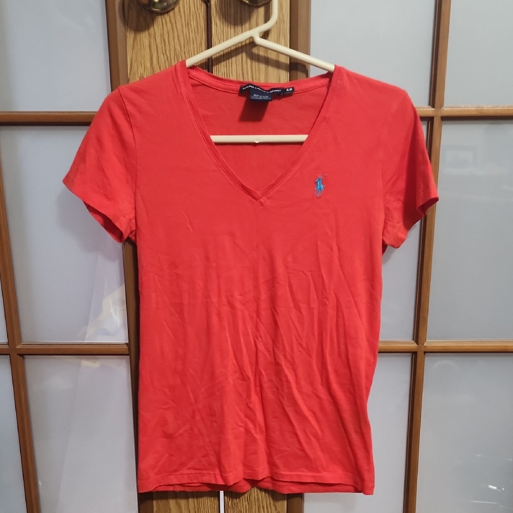 Ralph Lauren Sport Red Orange V-Neck Short Sleeve Women's Tee Small